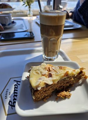 Carrot cake and latte with oat milk. at Café Ursula in Helsinki