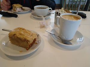 Biscoff cake & oat milk latte at The Sill National Landscape Discovery Centre in Once Brewed