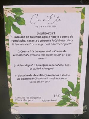 Today’s menu at Ca n'Ela Vegan Restaurant in Mallorca