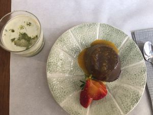 Dezerts: panna cotta, yogurt macha + mint at Ca n'Ela Vegan Restaurant in Mallorca