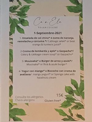 Menu of September 1, 2021 at Ca n'Ela Vegan Restaurant in Mallorca
