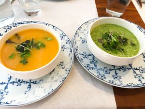 Crema de zanahoria y limón - Crema fría de aguacate at Ca n'Ela Vegan Restaurant in Mallorca