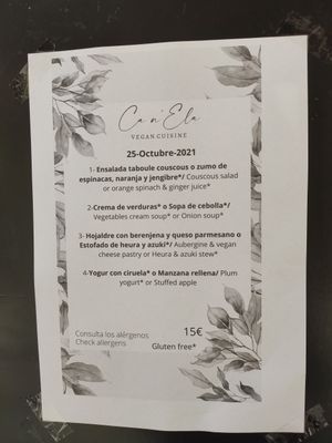 The menu at Ca n'Ela Vegan Restaurant in Mallorca