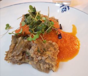 Pastel de berenjena, trigo sarraceno y parmesano vegano at Ca n'Ela Vegan Restaurant in Mallorca