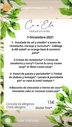 Daily menu at Ca n'Ela Vegan Restaurant in Mallorca
