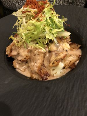 Starter: Heura (which is a plant based chicken alternative… nothing gets closer to the real thing)  at Ca n'Ela Vegan Restaurant in Mallorca