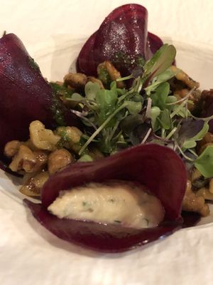 Main course: Beetroot ravioli (these are not coloured pasta but thin slices of beetroot )  at Ca n'Ela Vegan Restaurant in Mallorca