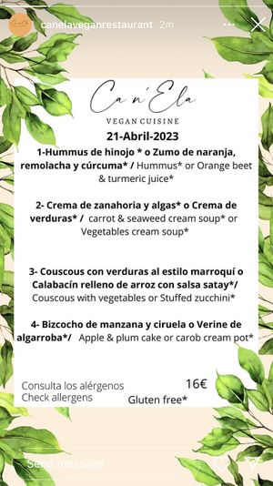 One of the daily menus   at Ca n'Ela Vegan Restaurant in Mallorca