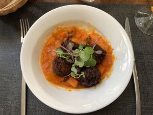 Soy ‘meat’ balls in tomato and carrot sauce.   at Ca n'Ela Vegan Restaurant in Mallorca