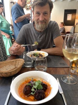 Soy ‘meat’ balls in tomato and carrot sauce.   at Ca n'Ela Vegan Restaurant in Mallorca