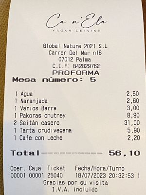 Invoice  at Ca n'Ela Vegan Restaurant in Mallorca