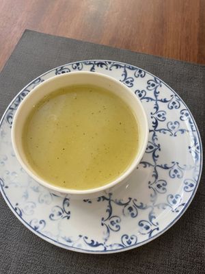 Warm celery & zucchini soup   at Ca n'Ela Vegan Restaurant in Mallorca