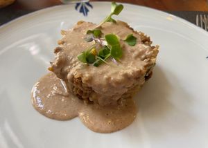 Zucchini-Reis, mit Erdnusssauce   at Ca n'Ela Vegan Restaurant in Mallorca