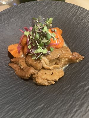 Seitan with carrot, sweet potato & lemon sauce   at Ca n'Ela Vegan Restaurant in Mallorca
