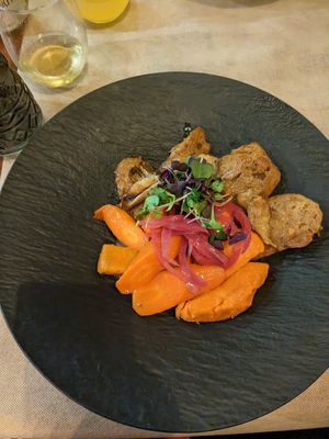 Seitan with sweet potato and roast carrot at Ca n'Ela Vegan Restaurant in Mallorca