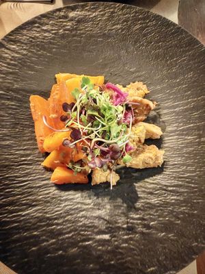 Homemade Seitan with lemon cream, sweet potato and roasted carrots.   at Ca n'Ela Vegan Restaurant in Mallorca