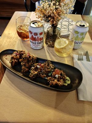 Spinach pakoras with mango chutney and coriander sauce.  at Ca n'Ela Vegan Restaurant in Mallorca