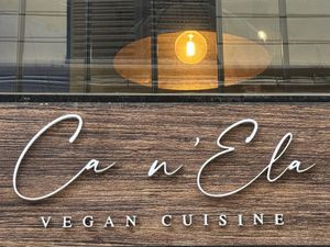 Ca n’Ela outside signage.  at Ca n'Ela Vegan Restaurant in Mallorca