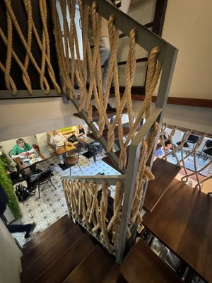 Looking downstairs to eating area.  at Ca n'Ela Vegan Restaurant in Mallorca