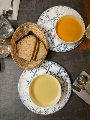 2 soups Sir! (Carrot & Peanuts Cream Soup above, Celery Cream Soup)  at Ca n'Ela Vegan Restaurant in Mallorca