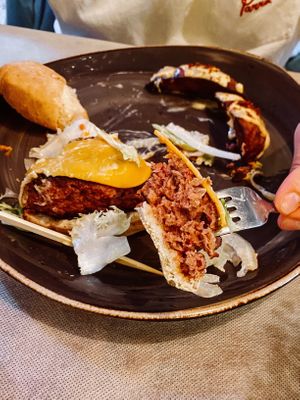 The burger "meat". at Ca n'Ela Vegan Restaurant in Mallorca