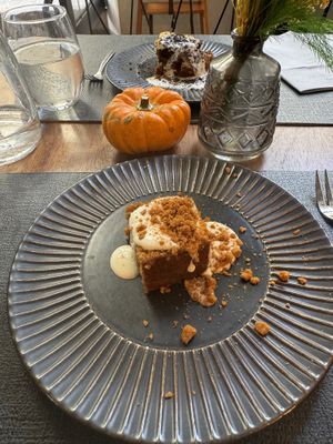 Carrot cake. Vanilla and chocolate cake (behind)  at Ca n'Ela Vegan Restaurant in Mallorca