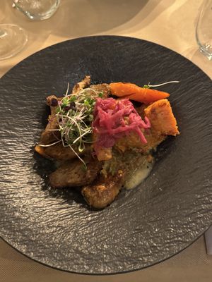 Homemade Seitan with carrot and sweet potato   at Ca n'Ela Vegan Restaurant in Mallorca