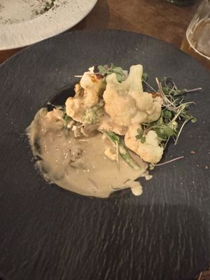 Huera and cauliflower (half eaten haha)  at Ca n'Ela Vegan Restaurant in Mallorca