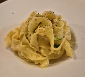 Tagliatelle "carbonara" at Ca n'Ela Vegan Restaurant in Mallorca