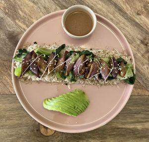 Vegan eggplant, bok choy, brown rice, avocado and sprouts  at Nourish by Avata in Kathmandu