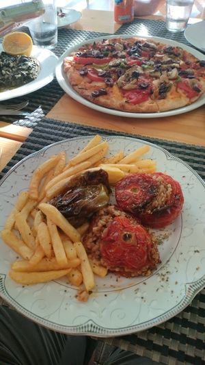 Stuffed tomatoes and stuffed bell pepper at Pheidias Grill House in Olympia