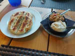 Complimentary hummus and eggplant dip at Pheidias Grill House in Olympia