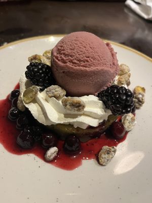 Olive Oil Cake with Black Berry Sorbet - NEW DESSERT, June 2024  at Walt Disney World - Trattoria al Forno in Lake Buena Vista