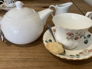 Tea with a little biscuit  at Willows Tea Room in Barnstaple