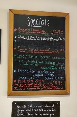 Specials board, and a choice of plant milks at Willows Tea Room in Barnstaple