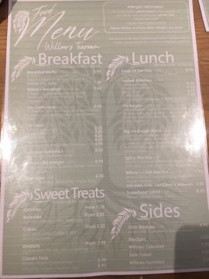 Food Menu at Willows Tea Room in Barnstaple