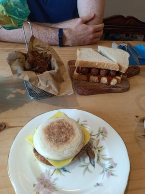 Willows big banger sandwich, KFM and Breakfast Muffin at Willows Tea Room in Barnstaple