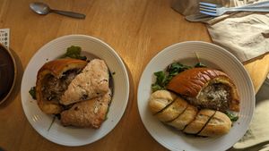 Roast stuffed pumpkin with olive focaccia and garlic bread at Willows Tea Room in Barnstaple