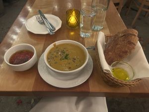 Beet Hummus, Soup of the Day, Sourdough 👌  at Moosewood Restaurant in Ithaca
