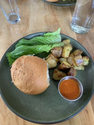 Black bean burger, has vegan and GF options  at Moosewood Restaurant in Ithaca