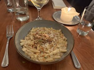 Pasta al confit di porro vegan option  at Moosewood Restaurant in Ithaca