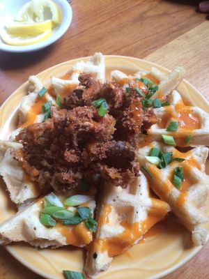Vegan brunch items fried mushrooms over waffles  at Moosewood Restaurant in Ithaca