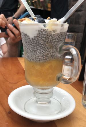 Peach almond chia pudding  at Moosewood Restaurant in Ithaca