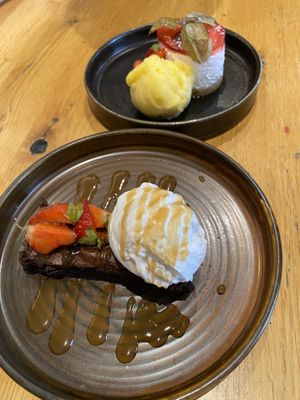 Brownie with coconut-vanilla ice cream // slice with mango sorbet (gluten-free)  at The Tal-y-Cafn in Colwyn Bay