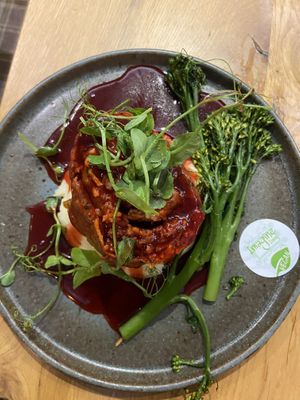 Vegan Suet Slice with mash, vegetables and beetroot gravy  at The Tal-y-Cafn in Colwyn Bay