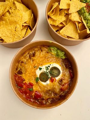 Vegan and Vegetarian Chili with rice or nacho chips. at Burritos Hermanos in Paris