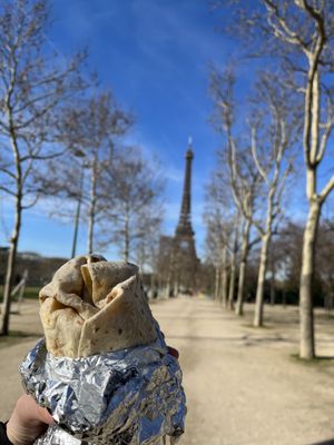 vegan burrito; enjoyed it in front of the eiffel tower  at Burritos Hermanos in Paris