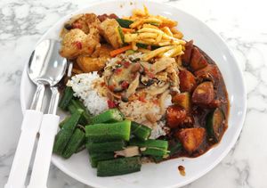 Rice with Braised Tofu, Archar, Rojak and Ladies Finger - $3.50 only at Veggie 素食 121 in Central Singapore