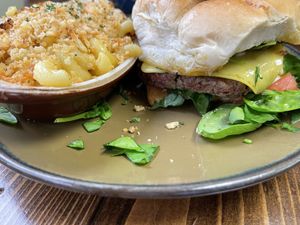 Vegan mushroom burger with vegan mac   at Root and Press in Worcester