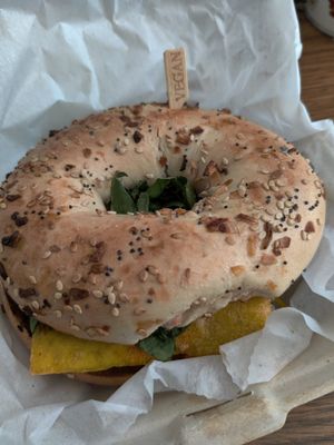 Just egg & cheeze on bagel with (morningstar) chorizo at Root and Press in Worcester